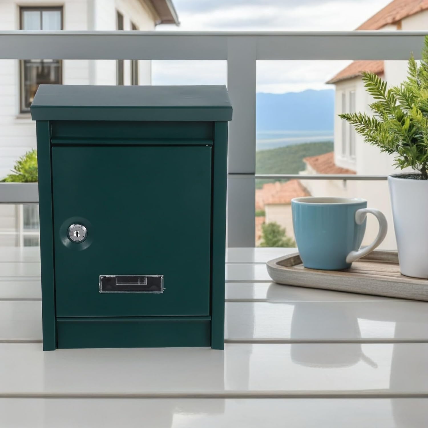 Locking Wall-Mount Mailbox with Key Lock, Outdoor Security Mailbox for Home and Office, Metal Wall-Mounted Letter Box in Dark Green for Secure Correspondence