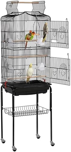 Yaheetech Jaula para pájaros de 64 pulgadas, jaula para periquitos con bandeja deslizante, comederos, soporte enrollable desmontable, jaulas para