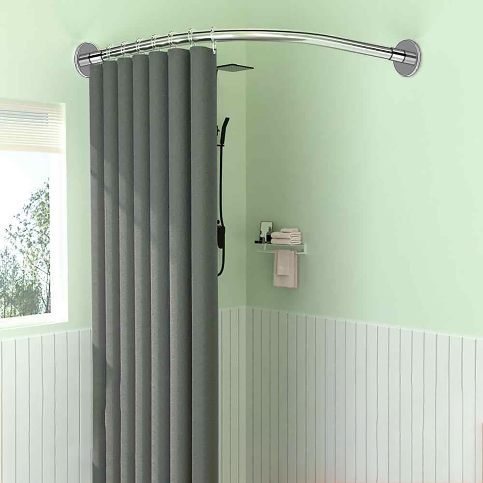 L Shaped Corner Bath Curtain Rail Bar, No Drilling Adjustable Shower Curtain Rod, Curved Shower Pole Tension Rod, 304 Stainless Steel, For Bathroom, Clothing (Size:D 70-95cm x 105-165cm,Color:Silver)