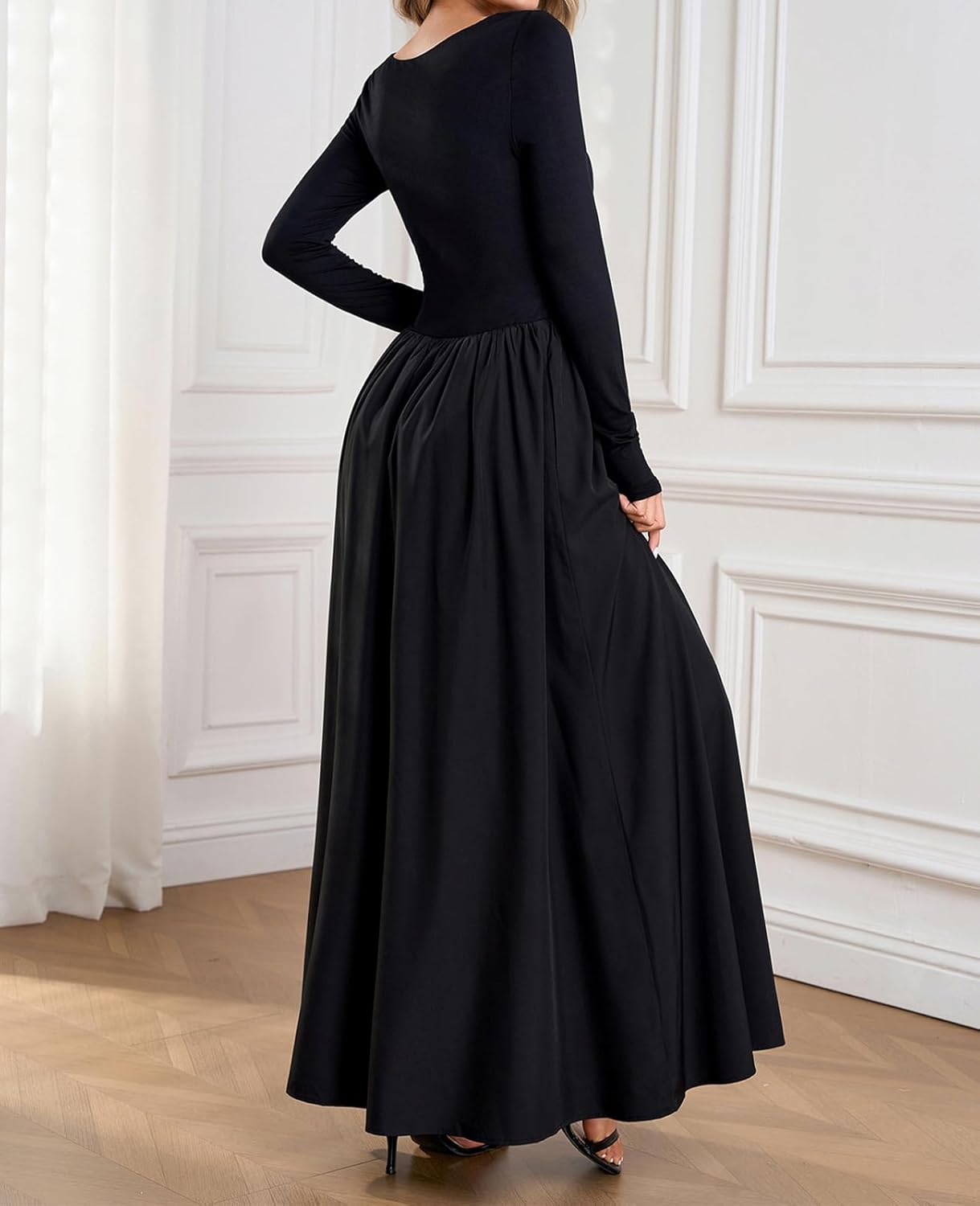 Women Long Sleeve Fall Maxi Dress Casual Square Neck Wedding Guest Long Formal Dress with Pockets - Image 2
