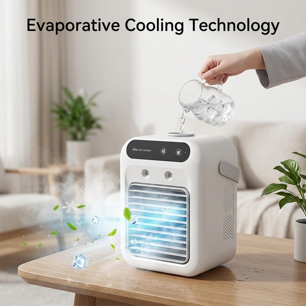 USB Mini Luftkühler mit 500ml Wassertank – Tragbarer Air Cooler mit 10h Kühlung – Leiser Tischventilator mit Befeuchtung – 2 Geschwindigkeiten – Für Zuhause, Büro & Reisen