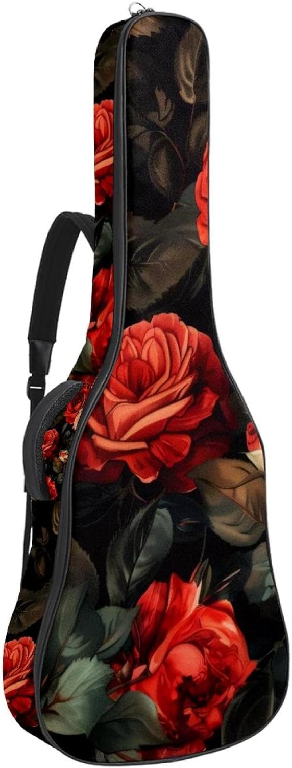 40 41 42 Inch Guitar Bags, Waterproof Padded Acoustic Guitar Case Backpack with Adjustable Shoulder Strap & Pockets, Red Rose Vintage Pattern