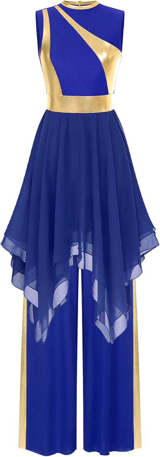 Vxuxlje Women's Praise Dance Costume Sleeveless Irregular Hem Dress with Pants Worship Dance Outfits
