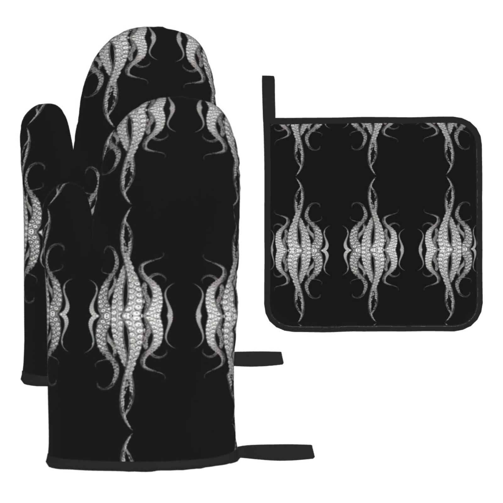 Octopus tentacles 3 Piece Kitchen Oven Mitt Set Heat Resistant Gloves with Pot Holder Mat Polyester Printed for Cooking Baking BBQ Grill