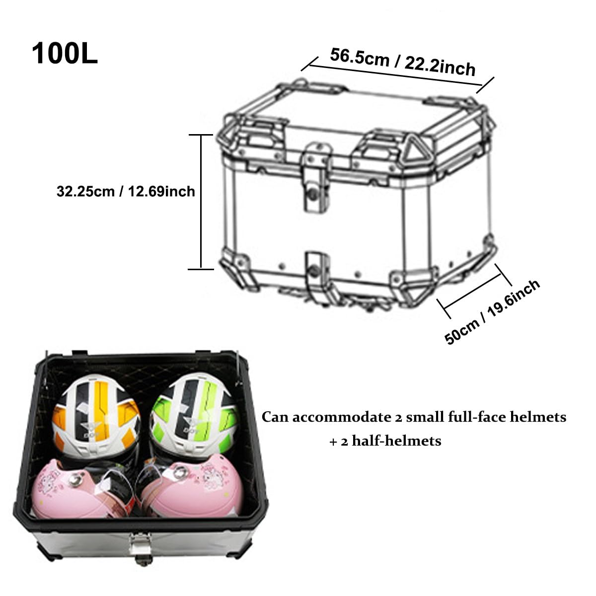 Valise Moto 28L 36L 45L 55L 65L 80L 100L Aluminium Top Case Coffre Pour Casque Avec Dossier, Topcase Moto Robuste Topcase Top Box(Noir, 100L