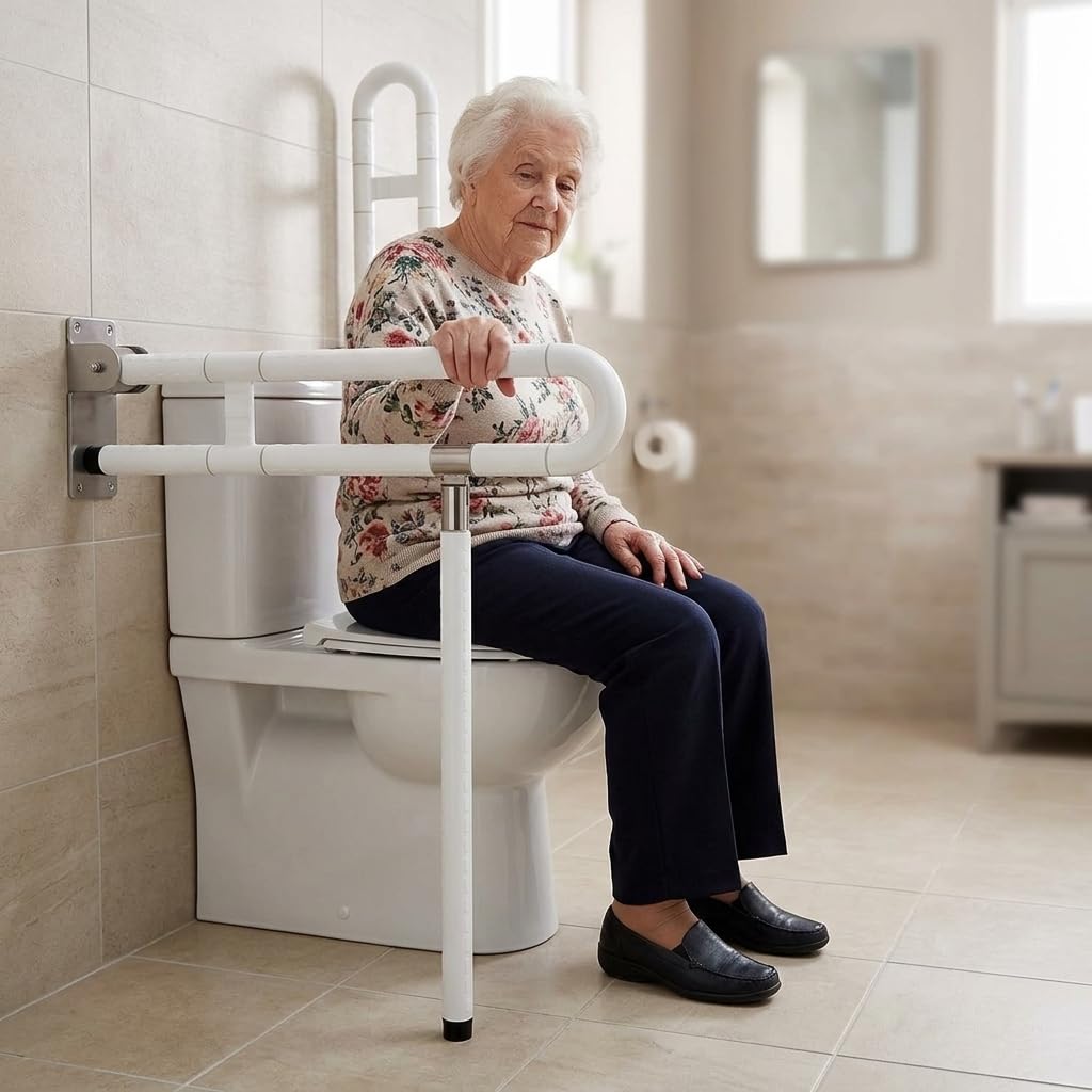 QWORK® Maniglione WC, Maniglione Bagno con Gamba, Maniglioni WC Pieghevoli Antiscivolo, Maniglia Doccia per Anziani e Disabili