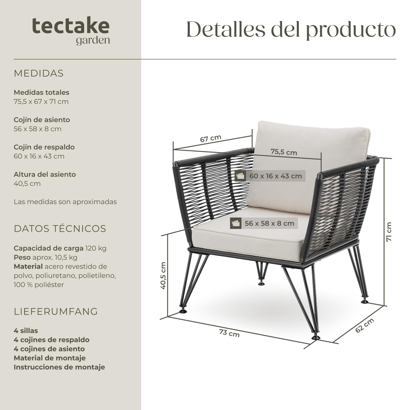 tectake® Sillas de Jardin Exterior de Ratán, Sillones de Jardin, Cojines, Sillas Exterior Resistente a la Intemperie, Sillones para Terrazas, Muebles de Jardín, Butacas de jardín - 4 Sillas
