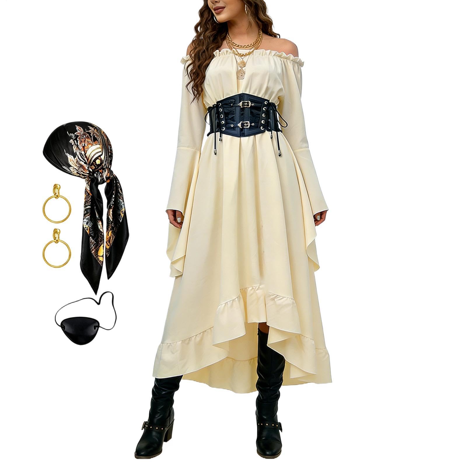 Kostiumy Pirackie Średniowieczny Retro Strój Halloweenowy z Paskiem | Zestaw Piracki Dla Dziewczynki na Szkolne Imprezy, Karnawał, Występy, Nawiedzony Dom, Rekwizyt do Zdjęć, Cosplay, Halloween