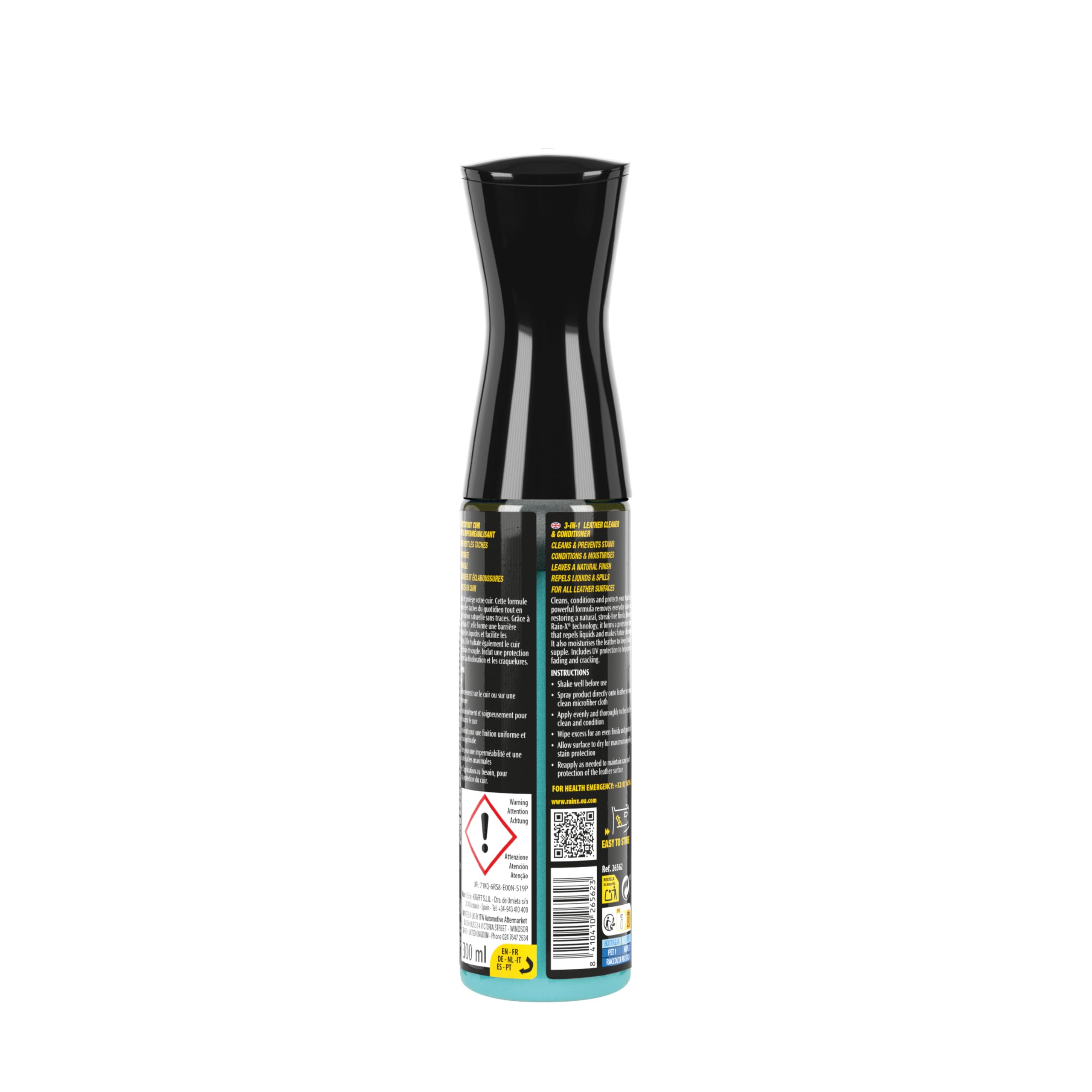 Rain-X Limpia Tapicerías Cuero Coche - Limpia,Nutre y Repele Manchas -300ml | Repelente Líquidos y Agua - Protección UV- Acabado Natural - Incluye Paño de Microfibra