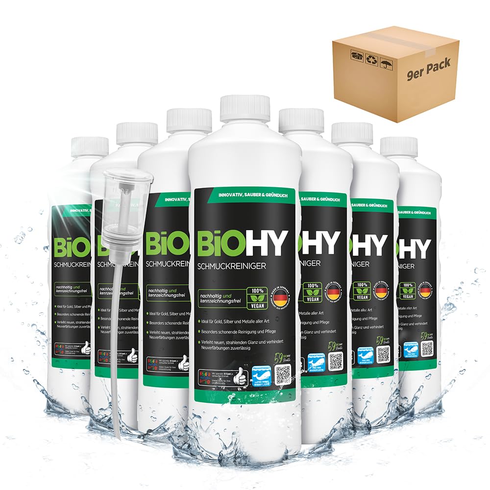 BiOHY Limpiador de joyas (9 botellas de 1 litro) + Dosificador | Fórmula de brillo activo |Limpieza sostenible y suave para relojes, gafas, joyas y metales preciosos (Schmuckreiniger)