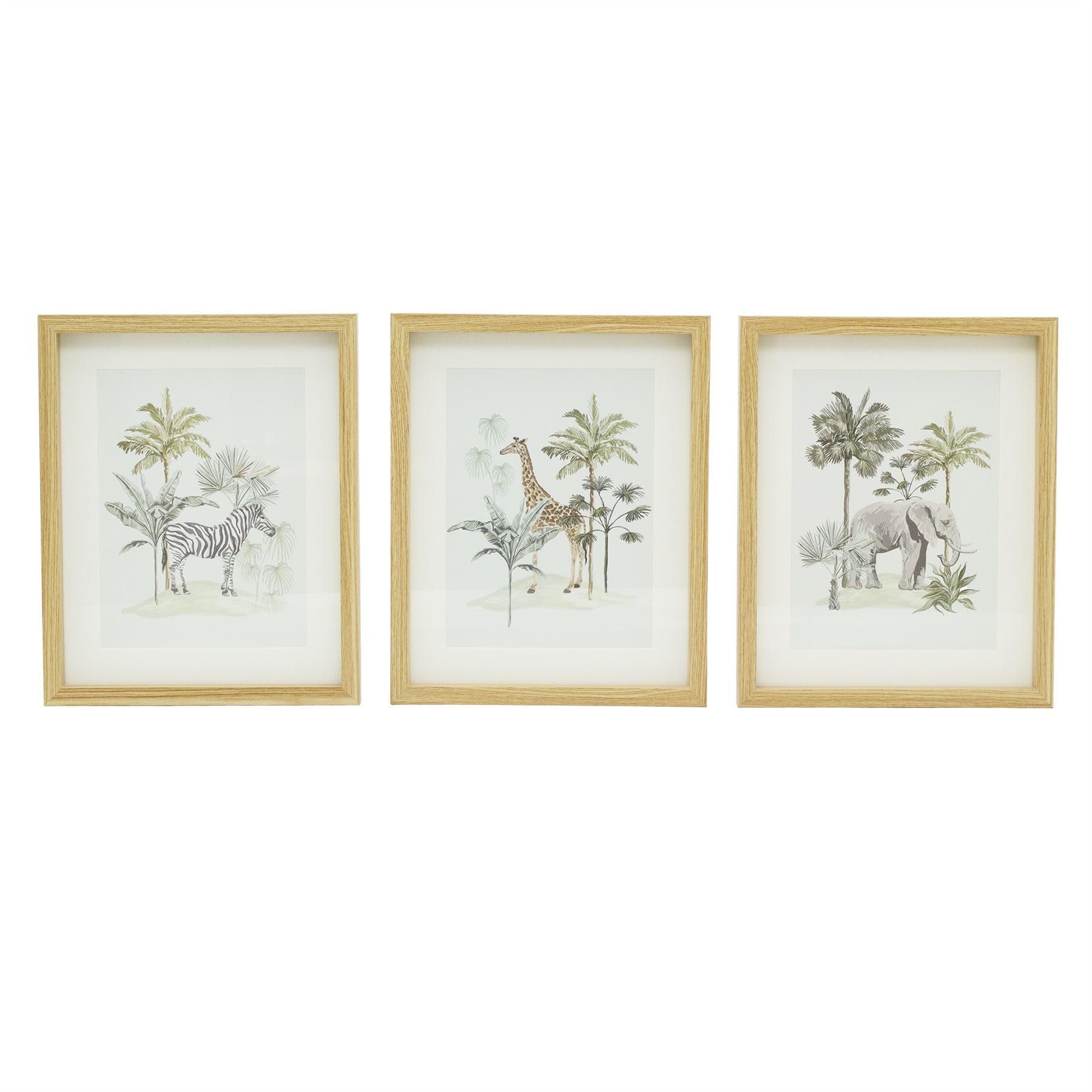 Set of 3 Safari Animal Wall Art Prints, 26.5x21.5cm Photo Frames Elephant, Giraffe and Zebra in Light Wood Picture Frames