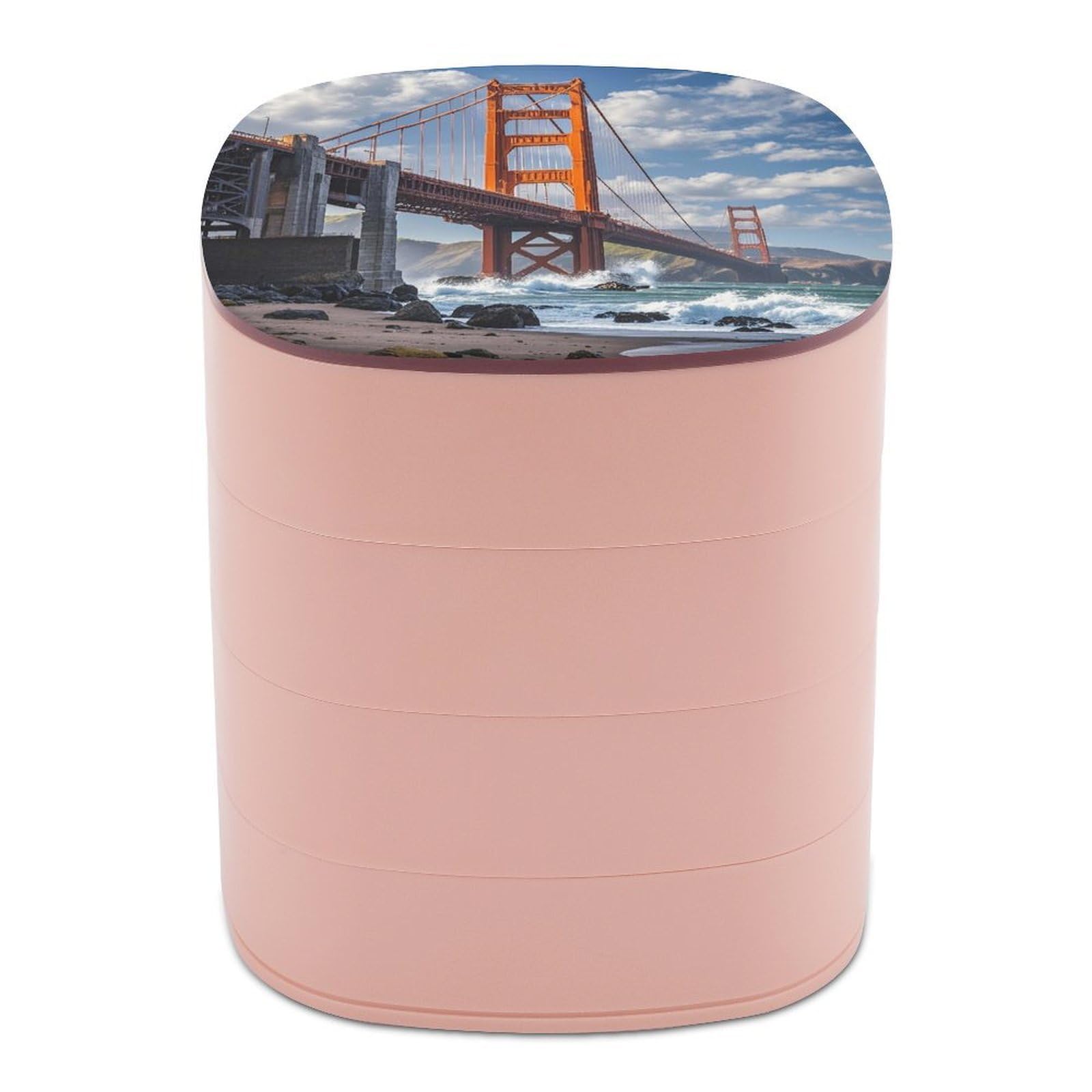 LZQPOEAS Golden Gate Bridge Jewelry Box with Mirror 4-Layer Rotating Travel Jewelry Case Small Jewelry Organizer Portable Jewelry Storage Box Rings Stud Necklaces Earring Holder for Women