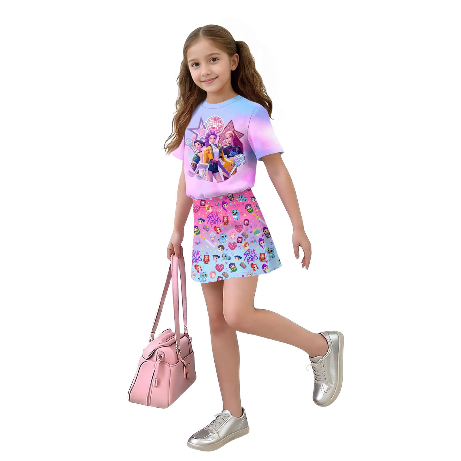 Girls 2-Piece Anime Outfit Set, Short Sleeve Graphic T-Shirt and Printed Skirt Set — view 3
