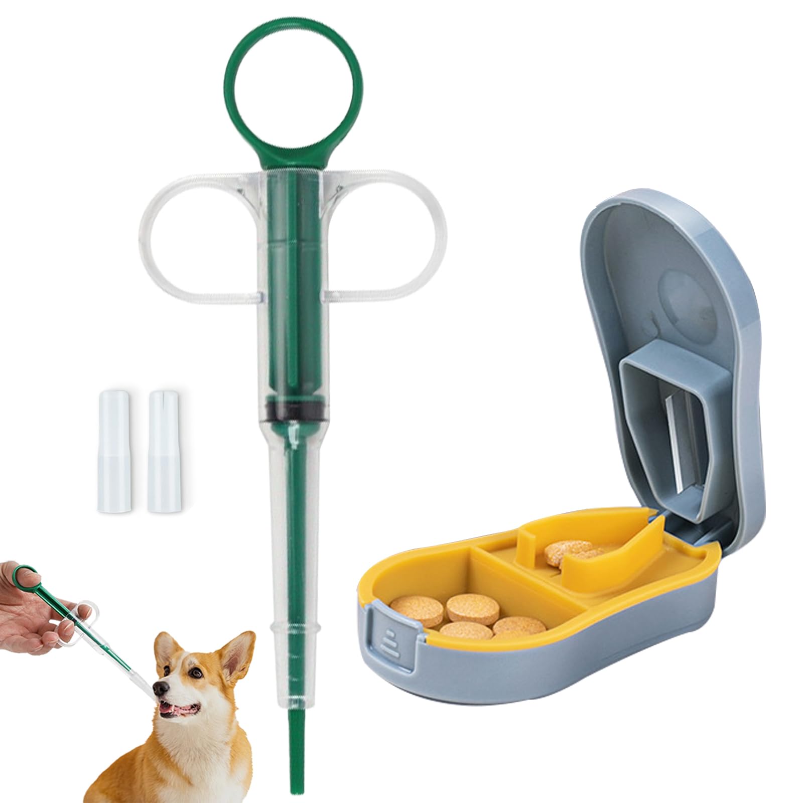Duuclume 2 Pcs Pets Pill Shooter & Pill Crusher and Cutter,Pet Piller Gun for Tablets Medical Feeding Dispenser Soft Tip Syringe for Cats & Dogs