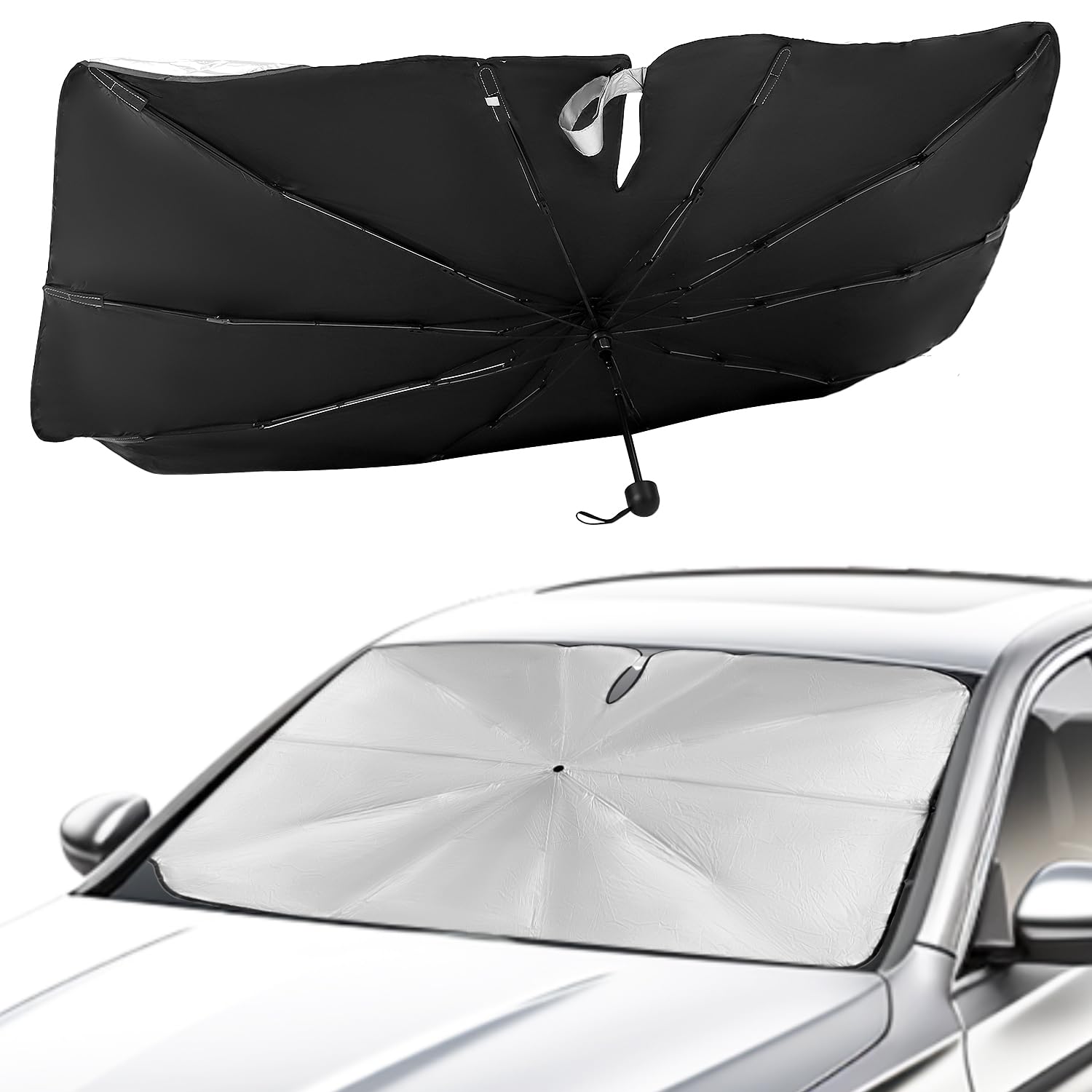QWORK® Parasol para Parabrisas Coche — Auto Paraguas Mejorado Esqueleto de Fibra