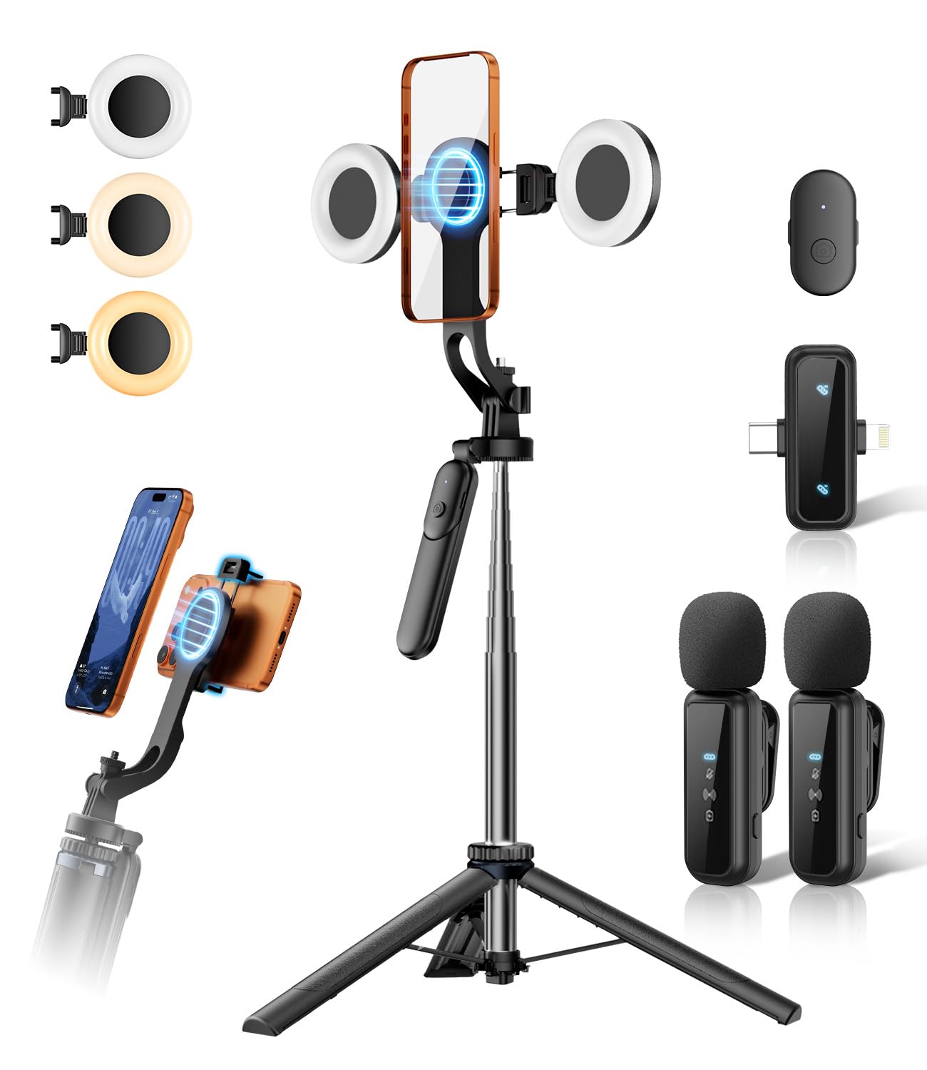 Vlogging Kit for iPhone, 67" Magnetic Tripod for iPhone with 2 Light 2 Mic | Magnetic Selfie Stick Phone Tripod with Light for Content Creator Essentials/YouTube Starter Kit/TikTok/Video Recording/Live