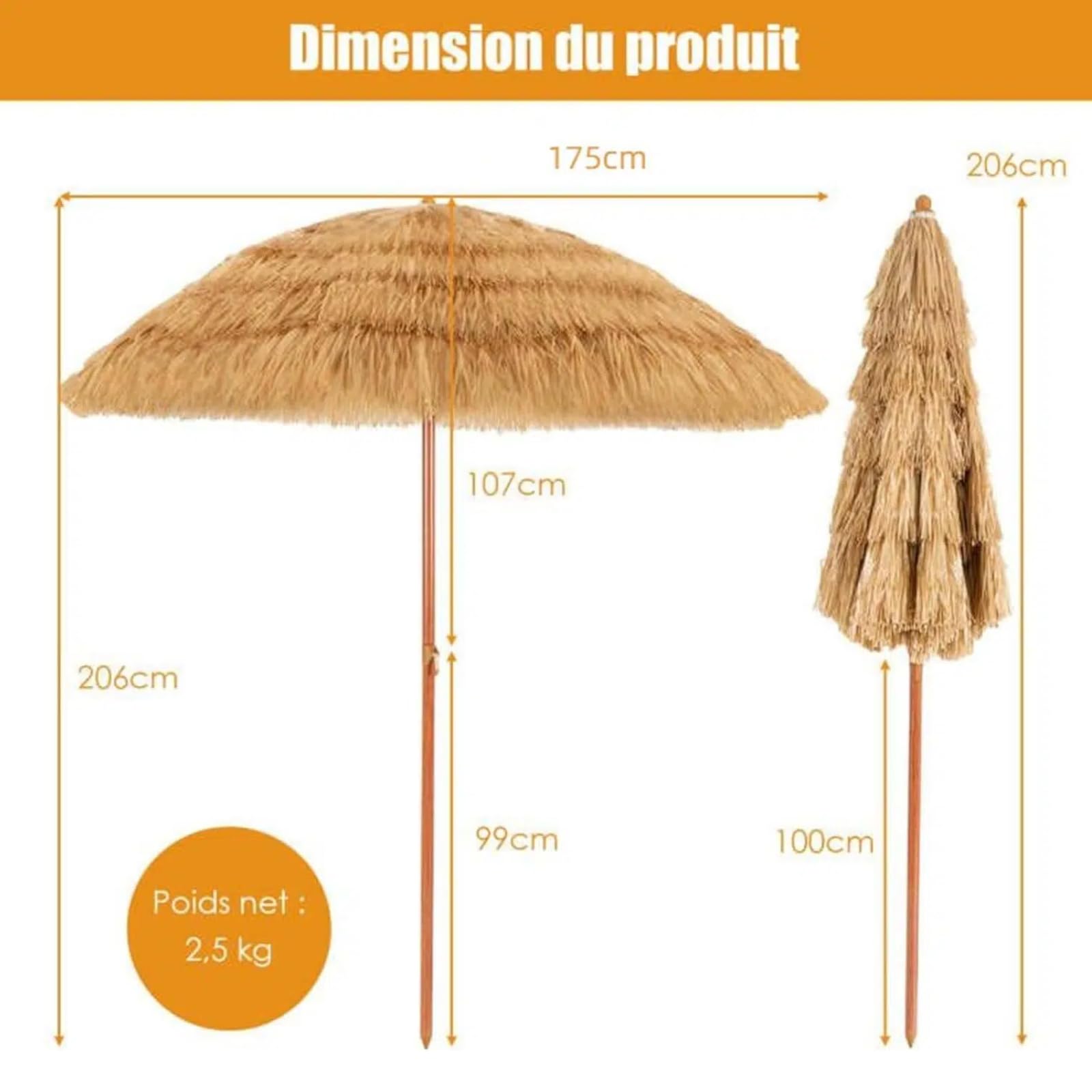 KOMFOTTEU Ombrellone da Spiaggia 200 cm, Parasole Hawaiano, Antivento, Impermeabile, Anti UV, in Paglia Pieghevole e Portabile, Ombrellone in Rafia per Giardino, Balcone, senza Base, Giallo
