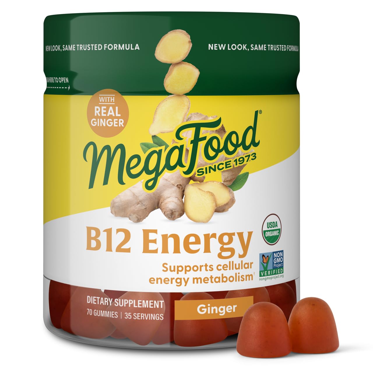 Megafood, Certified Organic B12 Energy Ginger Gummies, Soft Chew Vitamin B12 Supplement For Cellular Energy Support, Gluten Free, Vegan, 70 Gummies (35 Servings)