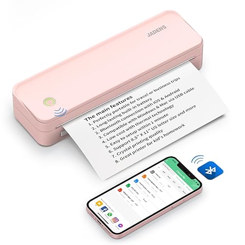JADENS Impresora térmica portátil, impresora portátil Bluetooth A4 compatible con 210 x 297 mm A4, impresora de viaje inalámbrica sin tinta, compatible con Android e iOS para viajes y portátiles - rosa