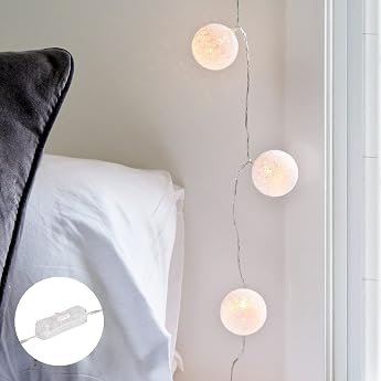 Lights4fun Fairy Lights with White Cotton Balls with Warm White LEDs Power Operated & with Plug Decoration for Indoor Use Bedroom Living Room Length 1.85 cm
