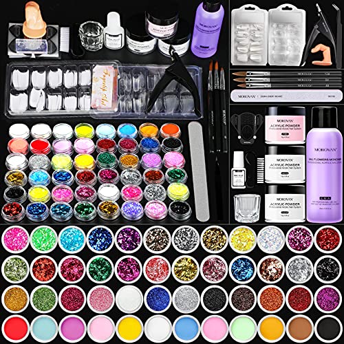 Morovan Acrylic Nail Kit for Beginners, 48 Colors Nail Glitter Professional Acrylic Powder and Liquid Set with Practice Finger, Acrylic Nail Supplies, Nail Clippers for Acrylic Nails Kit Acrylic Set