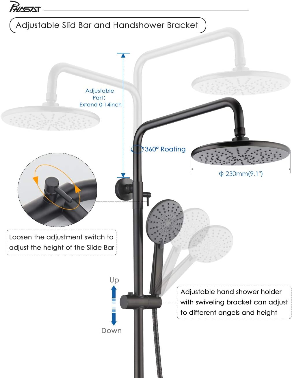 Nеw Prоduсt Outdoor Shower Fixtures Stainless Steel Brass Bathroom Faucet Set with Rainfall Showerhead,Handheld Shower,Wall Mount Adjustable Shower Bar 3 Function Gray,CT8626,PHASAT