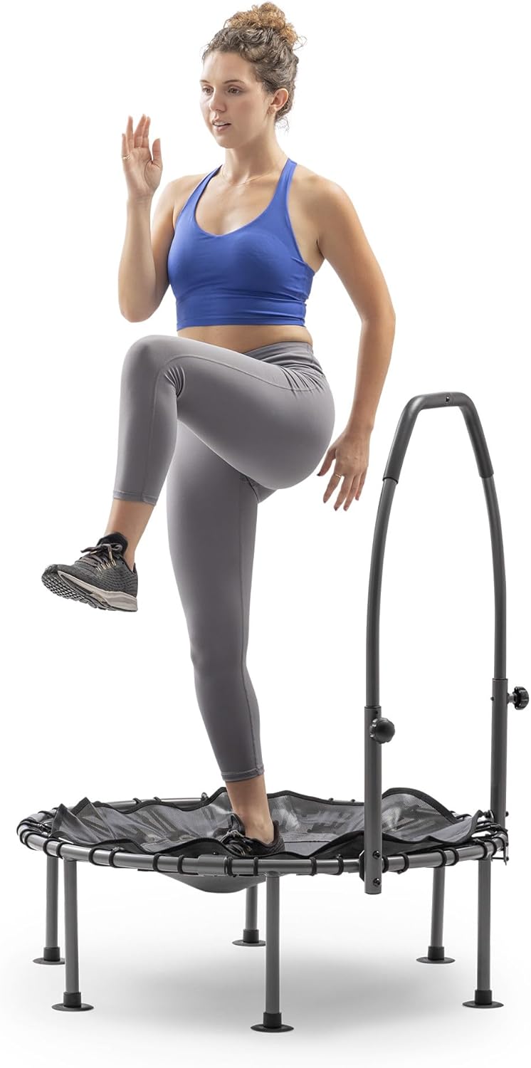 Sunny Health & Fitness Active Fitness Trampoline with Adjustable Handlebar – 300 lb Capacity, Rebounder for Adults, Low-Impact Indoor Cardio, Balance & Lymphatic Support