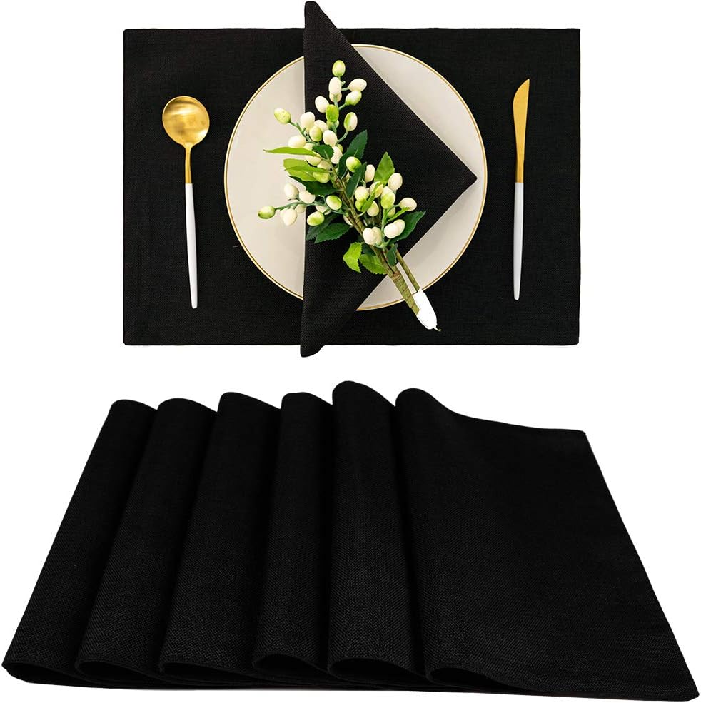 Spring Garden Home Black Individual Cloth Table Placemats Nautical Washable Fabric Mats for Kitchen/Buffet, 6 Pcs Set, 13x19 inch