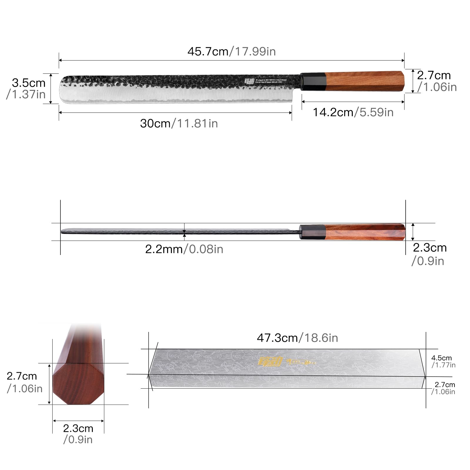FINDKING Couteau à Jambon 12 Pouces (31 cm), Lame Tranchante en Acier Carbone 9Cr18MoV, Parfait pour la Découpe de Viande, Idéal pour le Barbecue, Série Dynasty