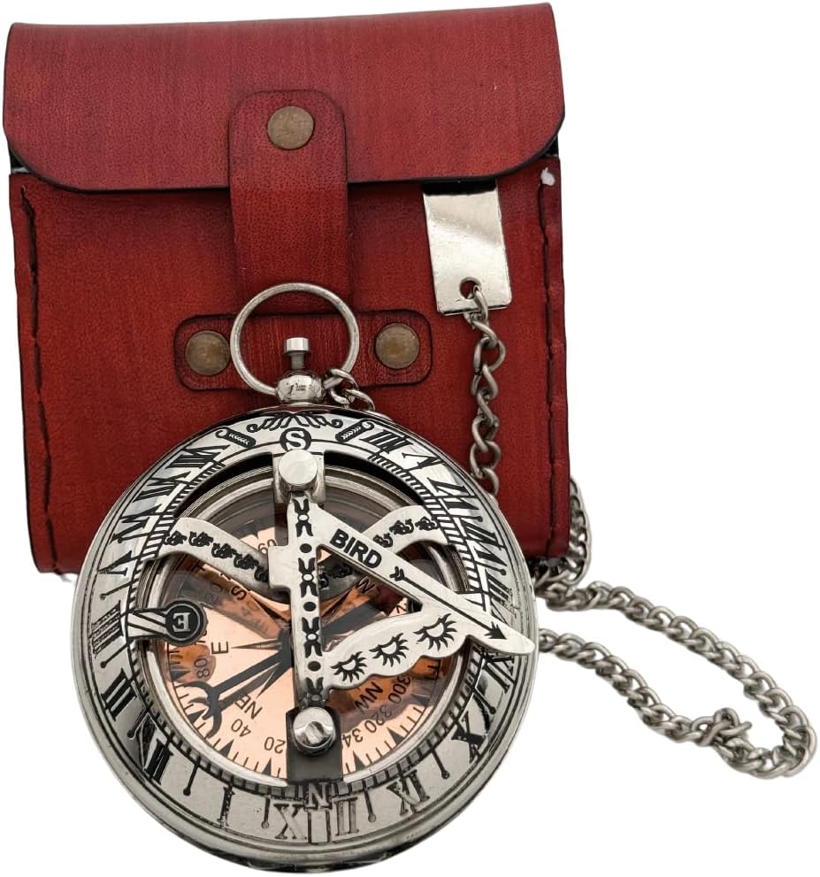 Vintage Brass Sundial Compass with Leather Case – Silver Antique Nautical Pocket Compass Navigation Tool for Hiking Camping Travel, Unique Gift for Men, Father, Husband & Explorer