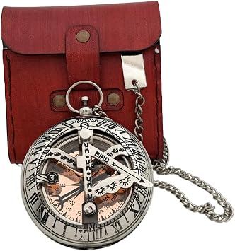 Silver Brass Sundial Compass with Leather Case - 3 Inch Vintage Nautical Navigation Tool for Hiking, Camping & Sailing - Unique Gift for Men, Explorers & Collectors
