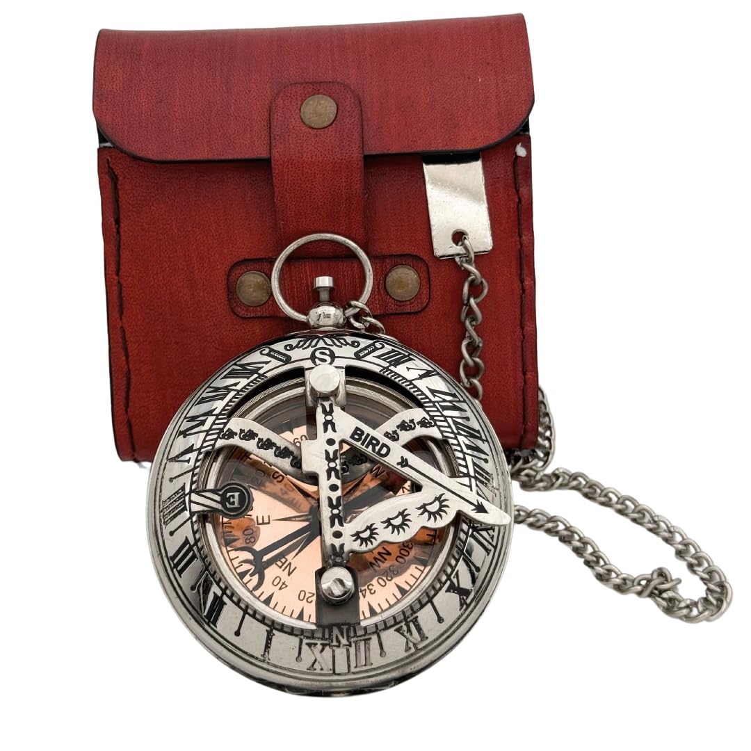 Handcrafted Vintage Brass Sundial Compass – Antique Nautical Sun Clock with Leather Case – Engraved Collectible Brass Compass Gift for Men - Nautical