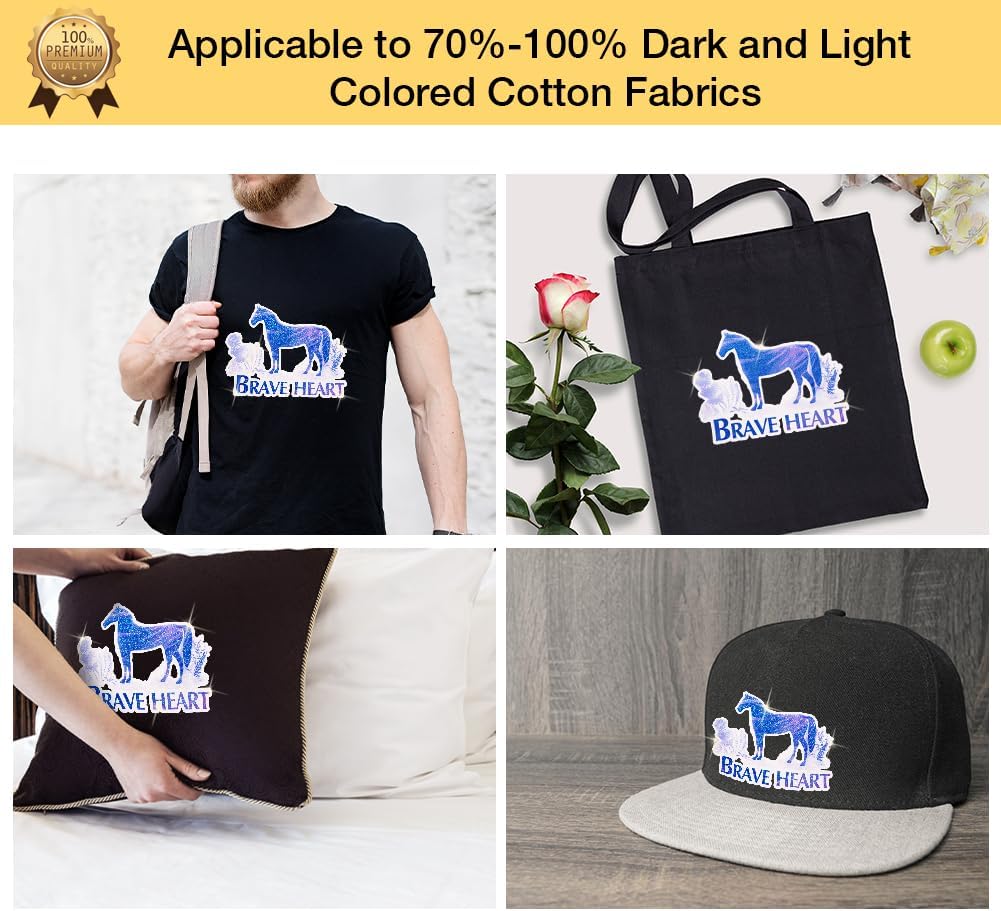 Collage of items with glitter heat transfers: T-shirt, tote bag, pillow, and baseball cap.