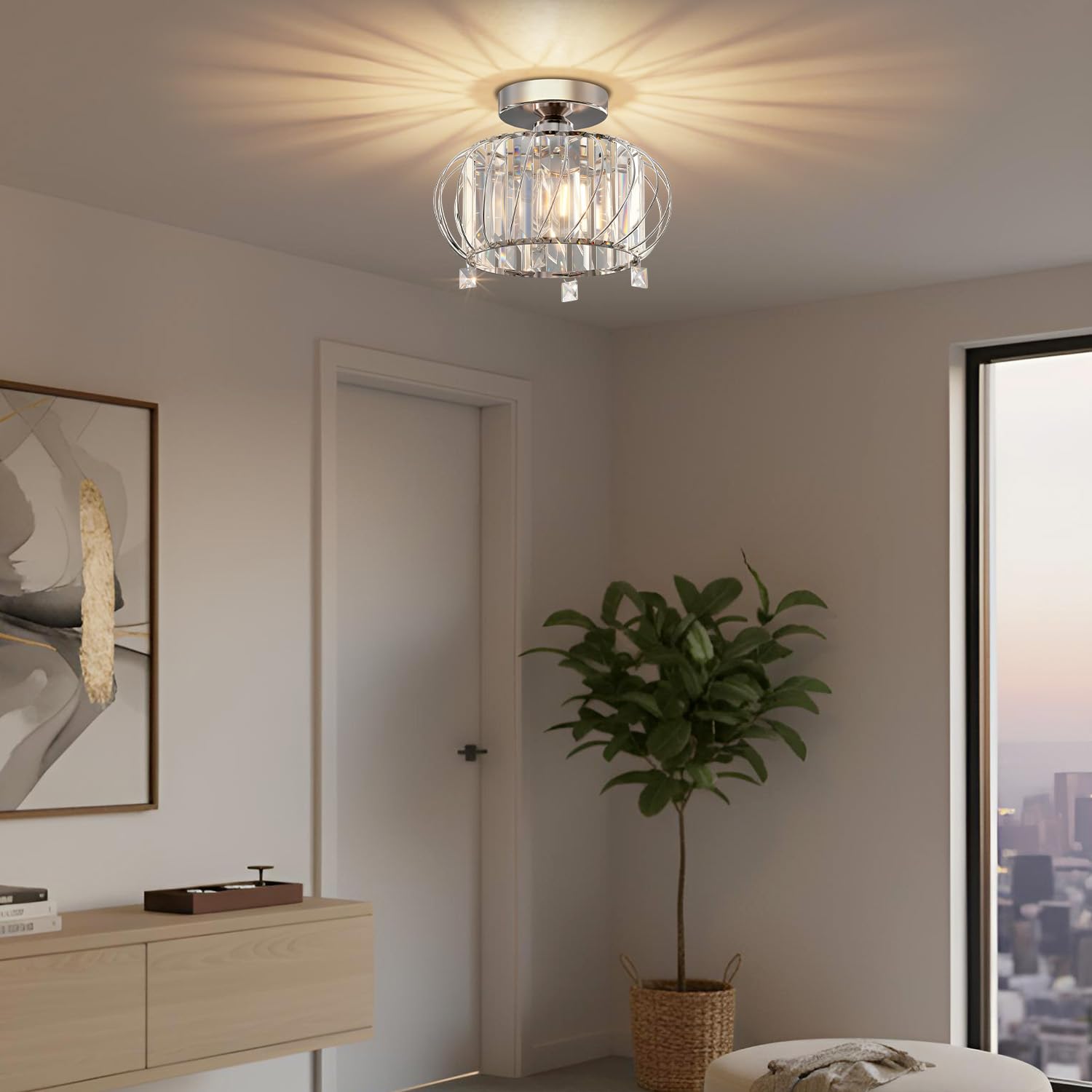 ANWIO Lustre en Cristal Moderne Argent, E27 Plafonnier Led Cuisine Ø280mm, Luminaires Intérieur pour Salon, Chambre, Salle à Manger