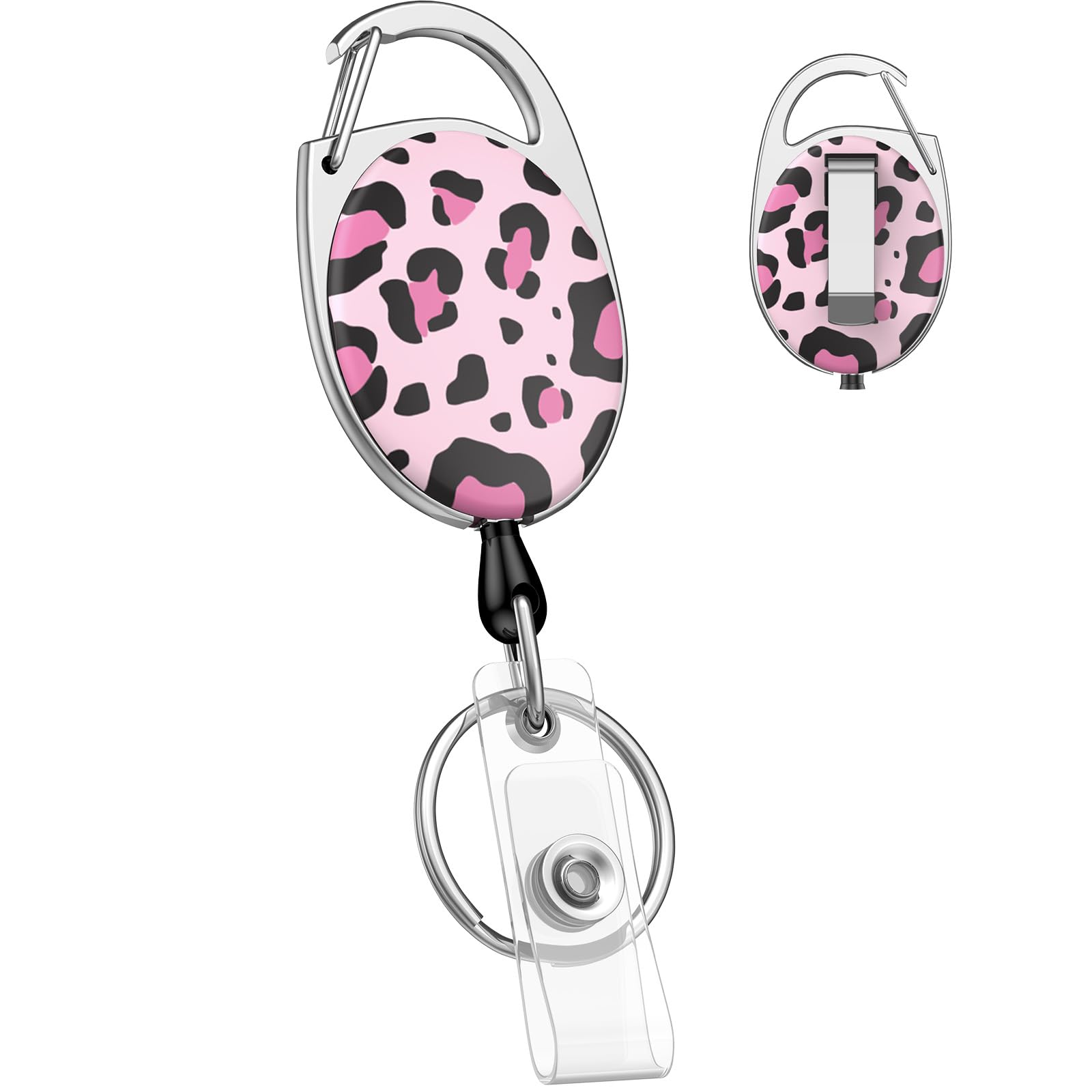 Uniclife Cute Retractable Keychain, Pink Leopard Print Retractables Badge Holders, Key Ring,Badge Clip for Keys and ID Card, Heavy Duty Badge Reel with Carabiner
