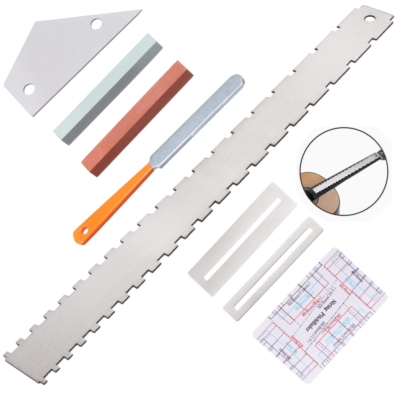 8 PCS Guitar Neck Straight Edge Kit, Guitar Neck Notched Straight Edge Luthier Tool, Fret Rocker, Fret File, Fingerboard Guards, String Action Ruler, Grindstones, Maintenance Kit for E-Guitar Bass