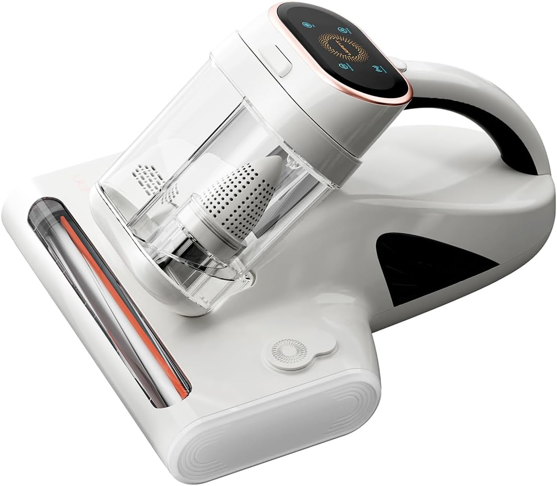 UWANT M300 Mattress Vacuum Cleaner, top-down view showing the main unit with transparent dust cups and handle.