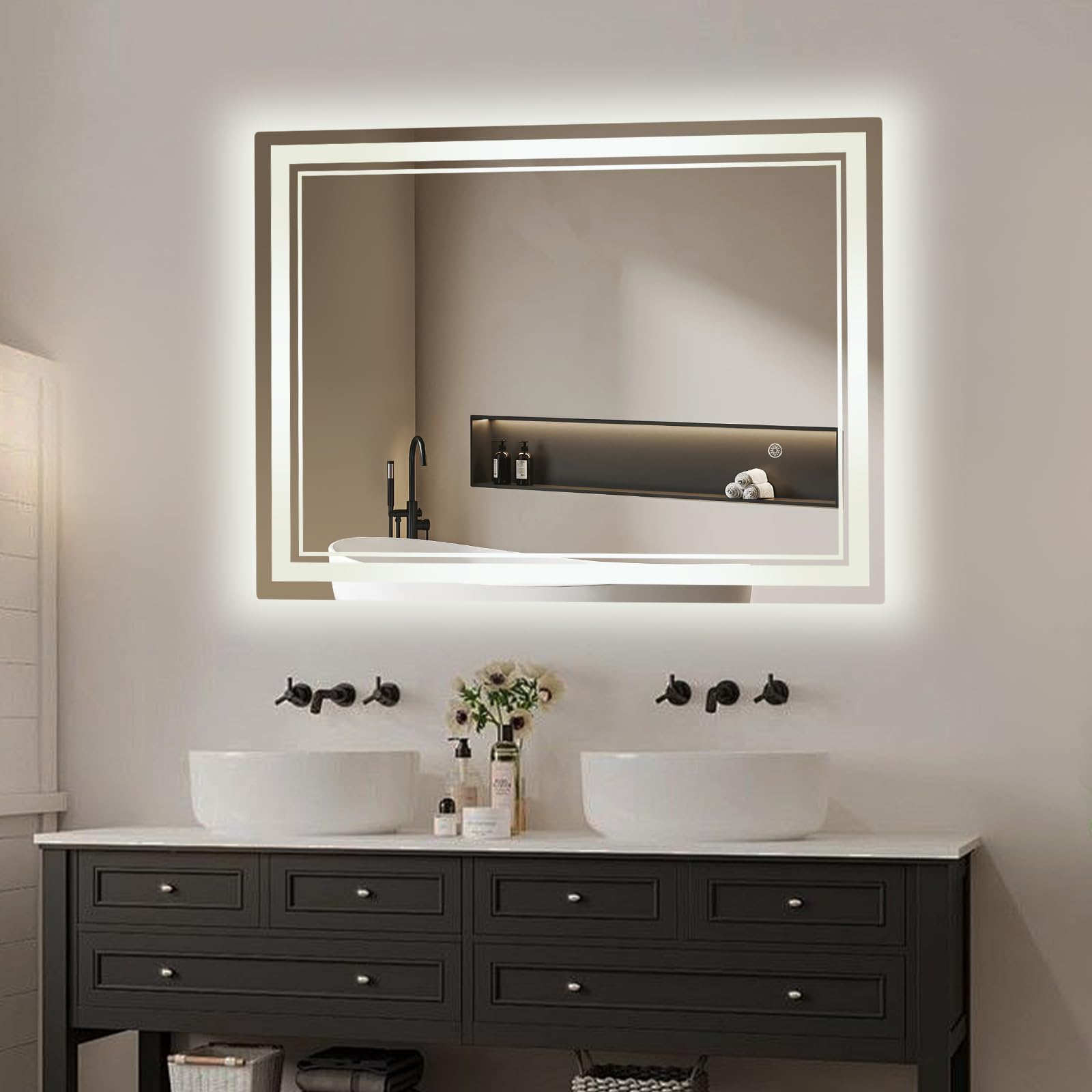 Espejo de baño con iluminación LED, espejo de baño con iluminación, 3 temperaturas de color, resistente al agua IPX4, control táctil, con función de memoria (80 x 60 x 2,5 cm)