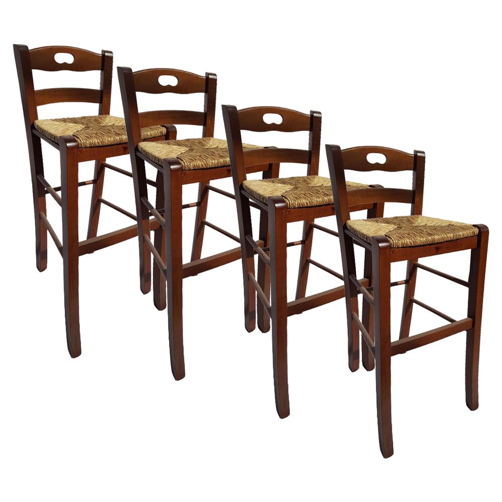 Set Sgabelli in Legno con Seduta Compatta - con Poggiapiedi, Schienale, Struttura Robusta, da Bar, Cucina, Ristorante, Soggiorno, Stile Classico, Rustico - 39X38X90CM (4PZ, Noce)