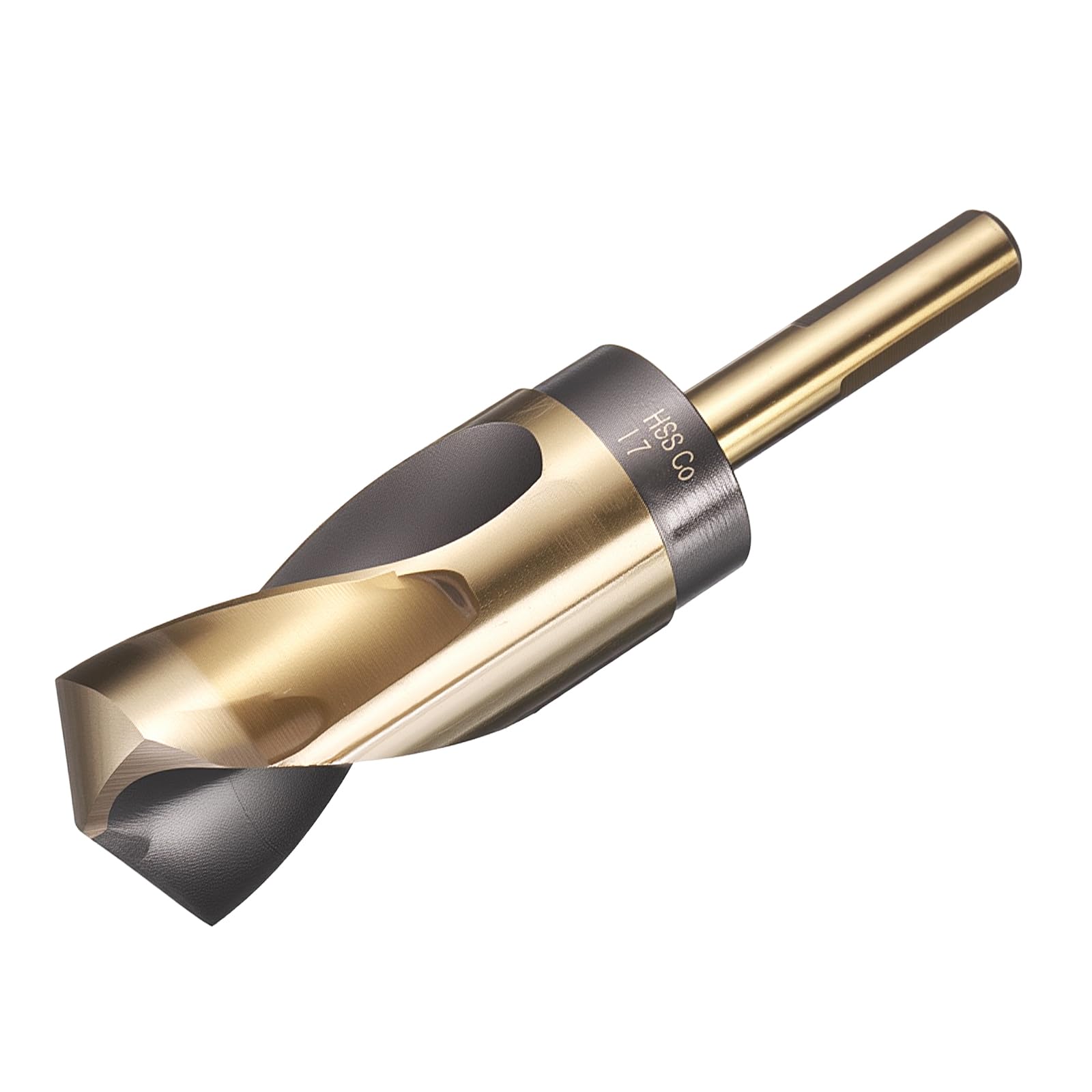 QUARKZMAN Zestaw wierteł 1-7/16" 1/2", redukowany trzpień, 3-płaski M35, 5% kobalt, stal szybkotnąca, Twist czarne i złote wykończenie, wiertło 135°, do twardych metali, stal nierdzewna, 1 sztuka