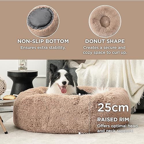 BEDSURE waschbar Flauschiges Hundebett - Ø 91 cm Donut Katzenbett für große Hunde, plüsch Hundebett rund Kuschelbett, Kamel