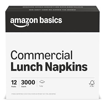 Amazon Basics 1-Ply White Disposable Lunch Napkins for Restaurants and Events, Party Napkins, 250 Napkins per Pack (12 Packs), 12 x 12 Sheet (Previouly AmazonCommercial)