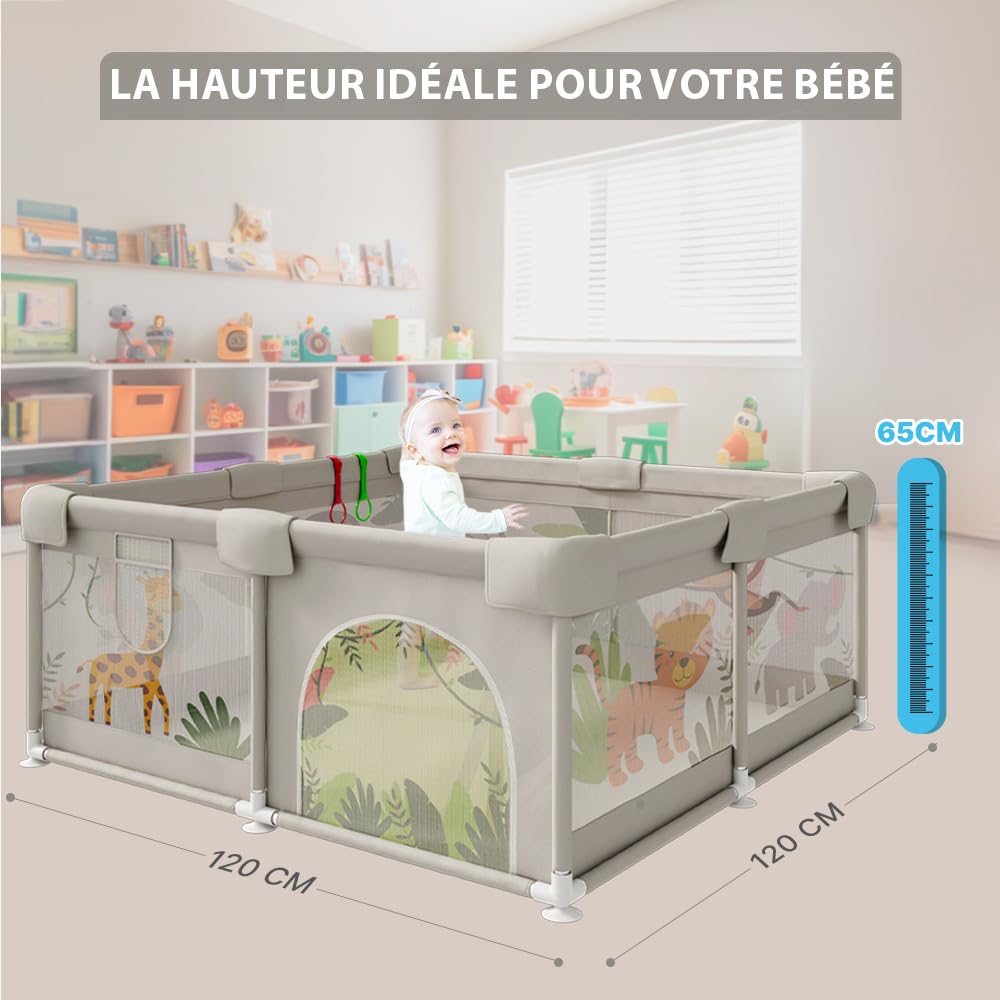 Parc pour bébé 120 x 120 cm - Parc bébé avec maille respirante et pliable antidérapant - Tapis rembourré + 4 anneaux + sac de transport