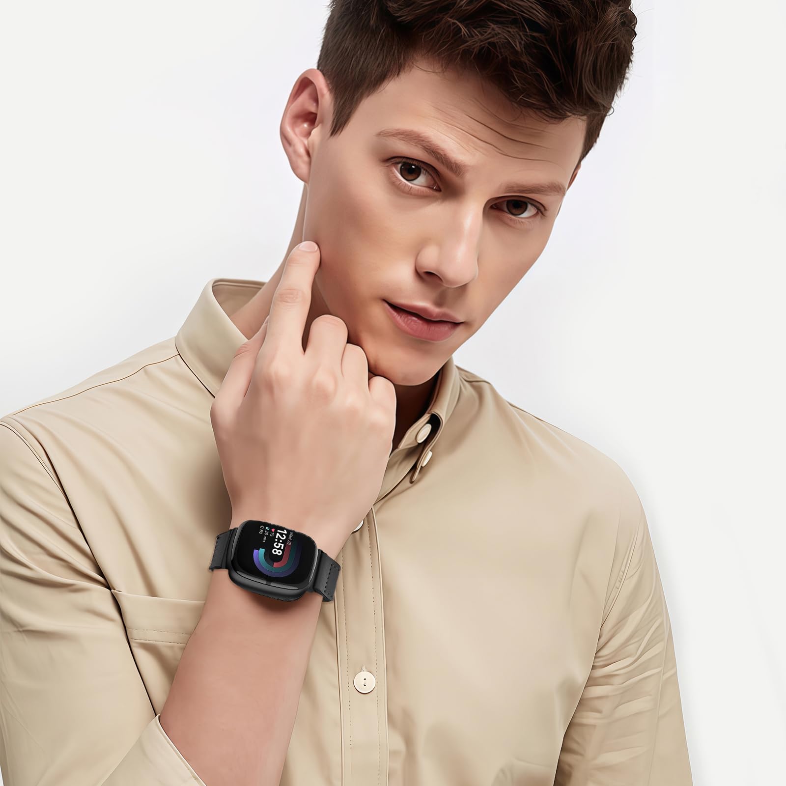 Magnetic Leather Bands Compatible with Fitbit Versa 4/Fitbit Versa 3/Sense 2/Sense 1,Genuine Leather Band Replacement Accessories Strap for Women Men (Black)