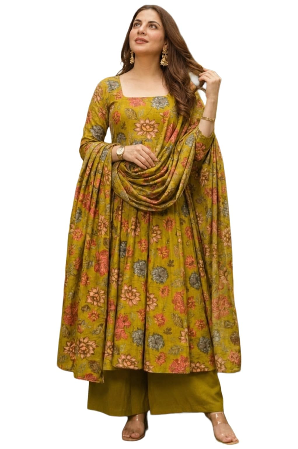 ANNI Designer Kurta Femme Mélange de Viscose Imprimé Kurti Ensemble 3 Pièces Kurta Palazzo Dupatta Col Carré Manches 3/4 Coupe Regular Fit Robe