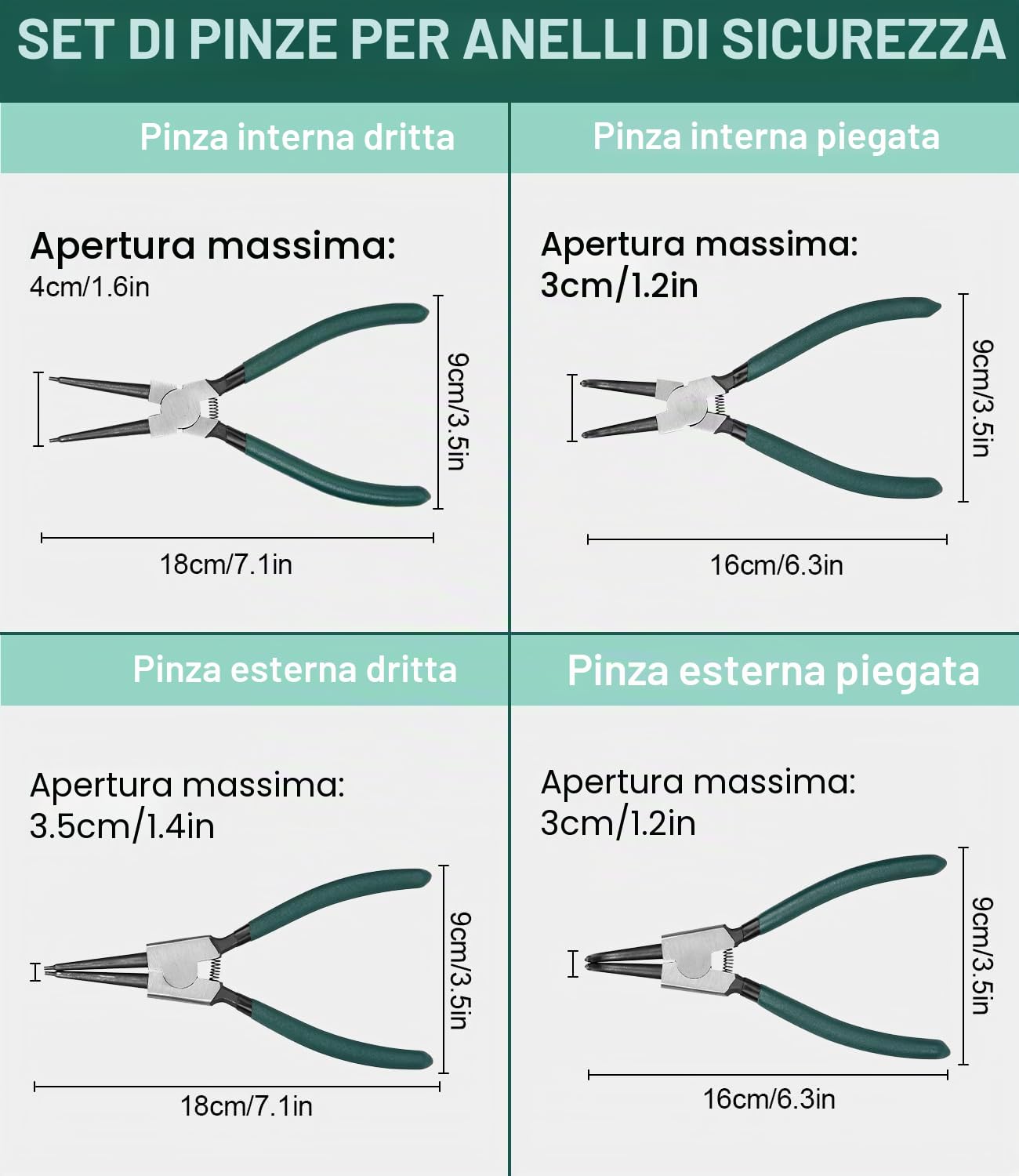 LEAZZLE 4 Pezzi 180mm Pinza per Seeger con Borsa Portatile, Set Pinze Officina per Anelli di Sicurezza con Molle Resistenti, Maniglie Antiscivolo, Resistente Alla Flessione e a Risparmio di Manodopera