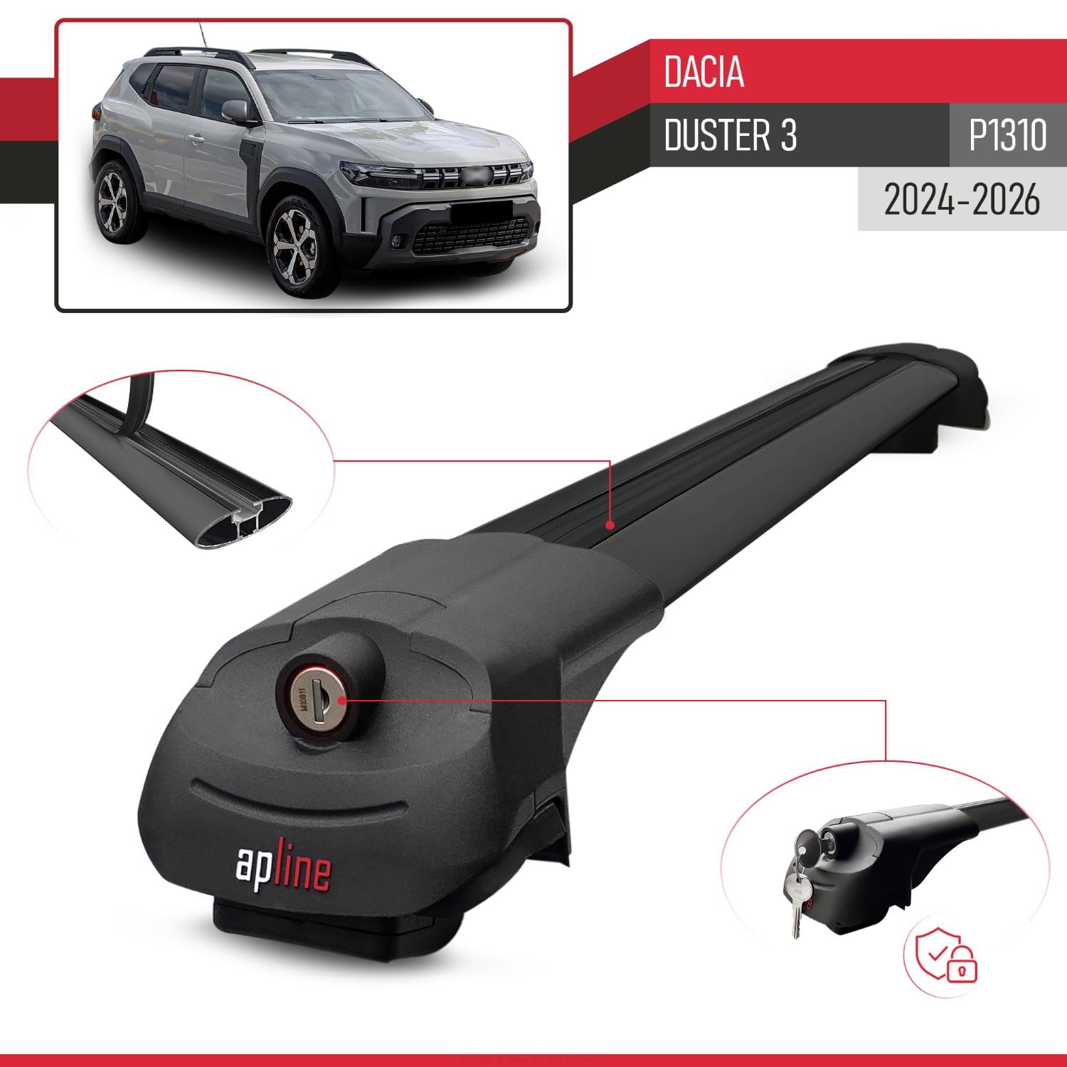 Compatibile con Dacia Duster 3 (P1310) 2024-2026 Modello ACE-1 Barre Tetto Portapacchi Auto Barre Portatutto Nero Alluminio 2 Barre