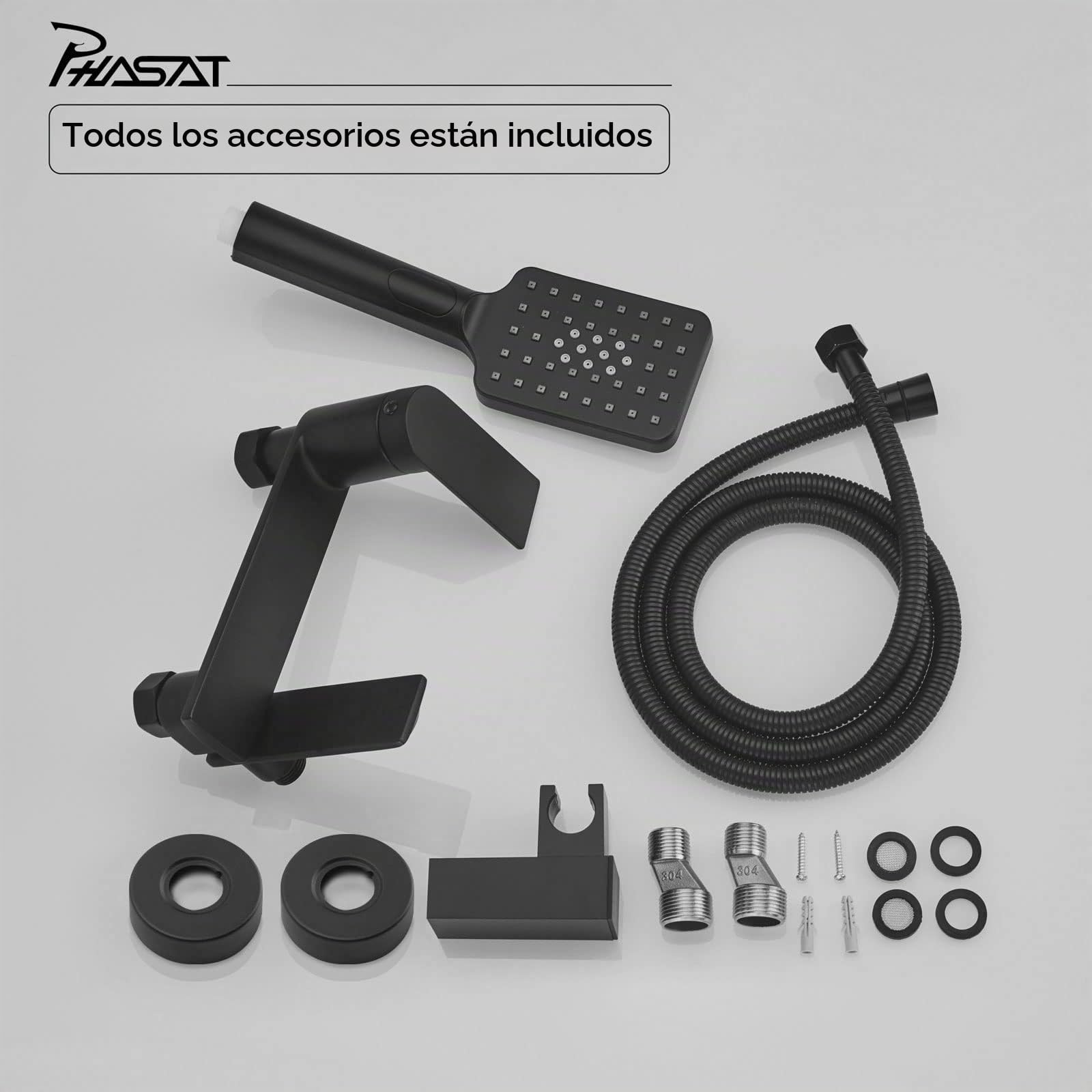 PHASAT Grifo de Bañera Negro Montaje en Pared Grifo de Ducha Monomando con Ducha de Mano de 3 Funciones BB03