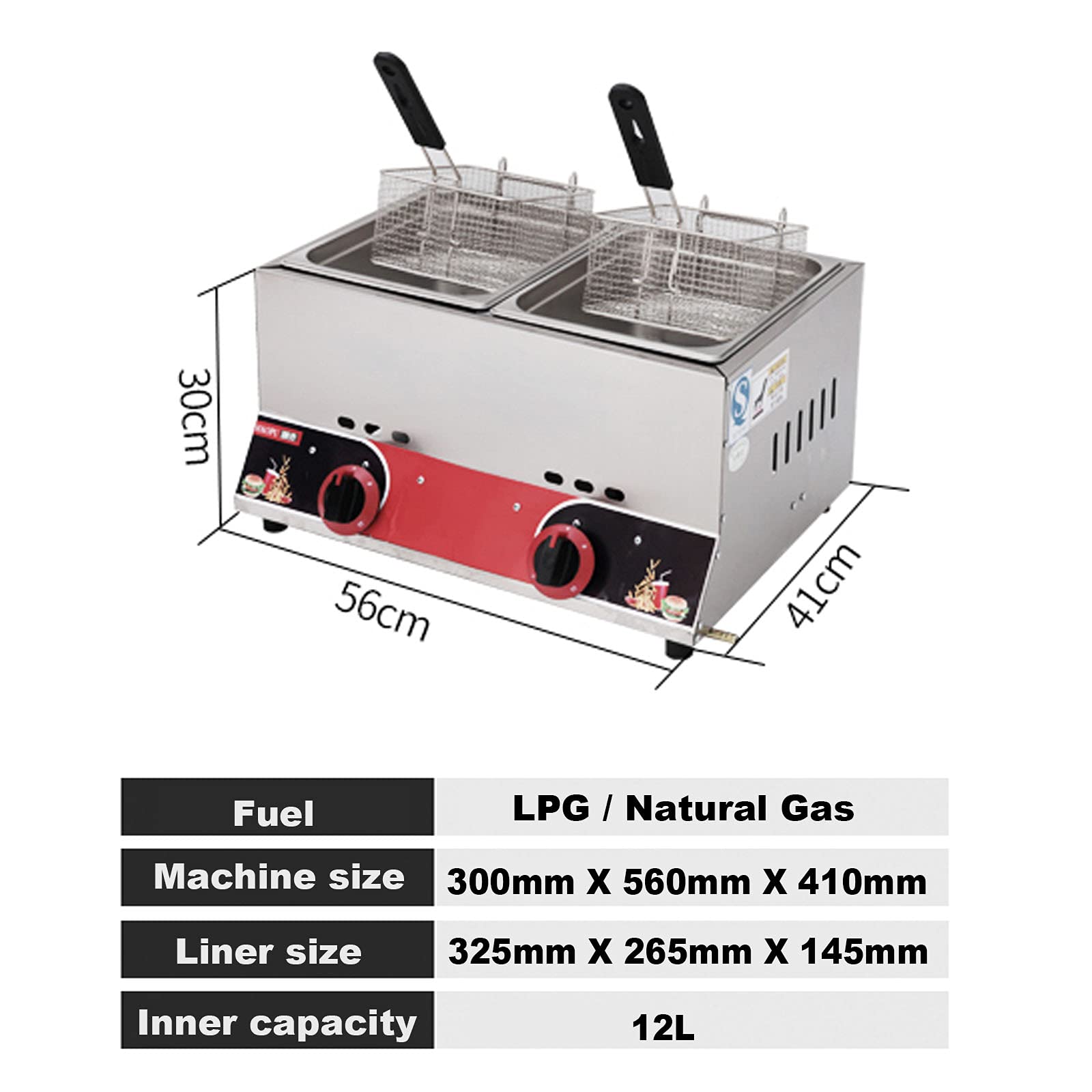 Freidora a Gas Industrial, freidora a Gas GLP, Acero Inoxidable, freidora Doble, Gran Capacidad 22L, con cestas extraíbles, Potencia de Fuego Regulable, fácil de Limpiar