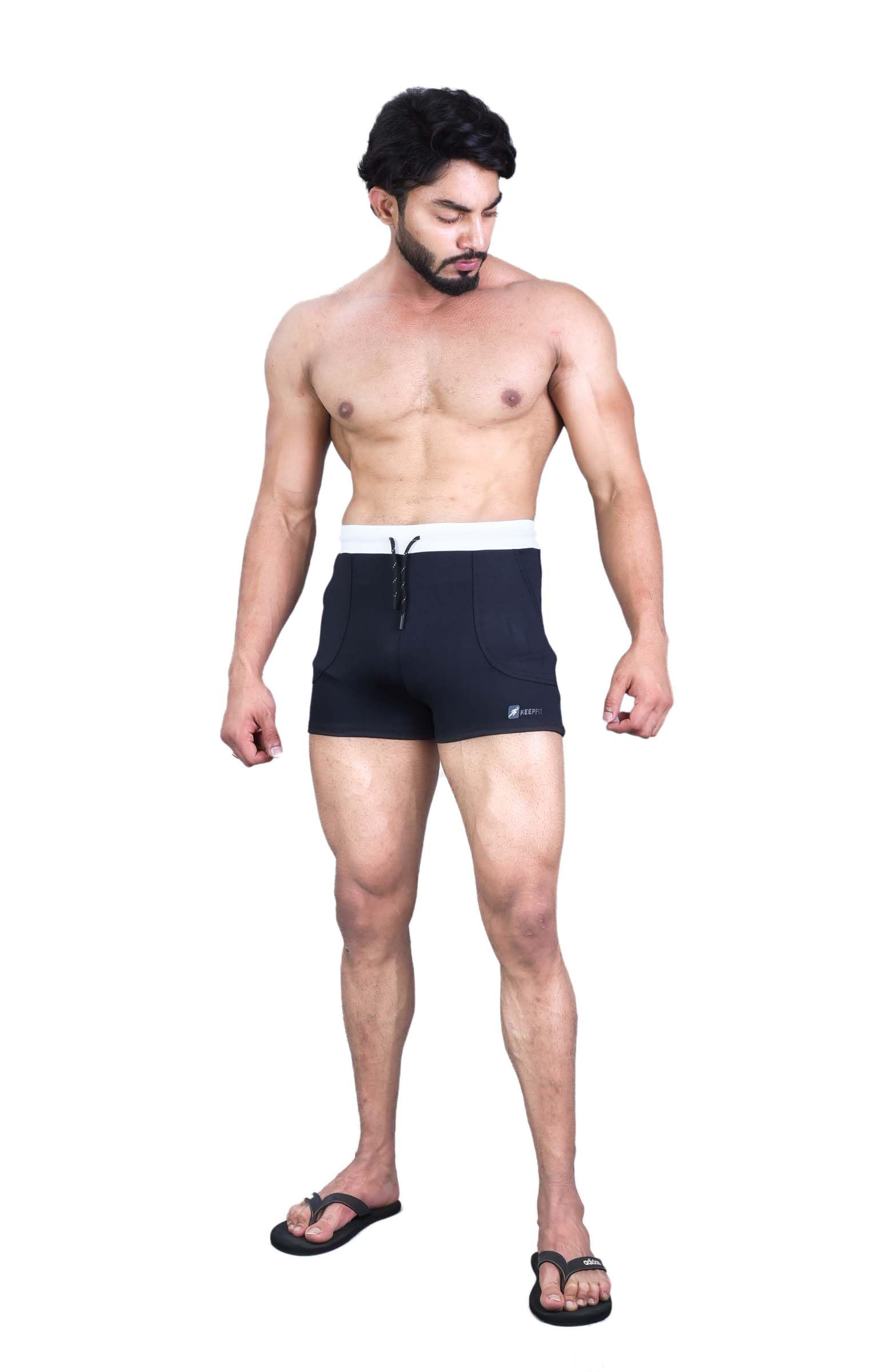 Men Black Swimming Trunks with Contrast White Waistband-image-33